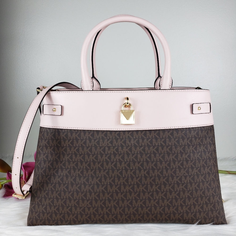 NWT Michael Kors LG Gramercy satchel brown pink MK
